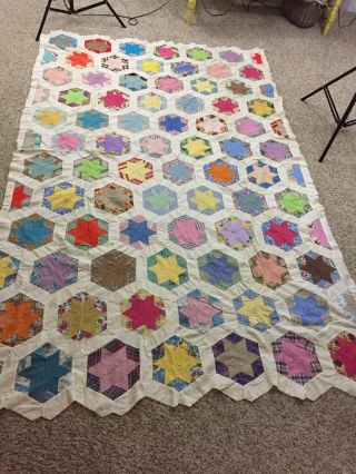 Vtg Homemade Quilt Top Multi Color Stars Machine Stitched 56” X 87”