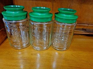 3 Vintage Anchor Hocking Glass Jars Seasons Spring Summer Winter W/ Green Lids