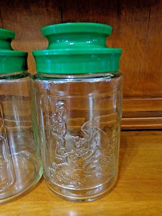 3 VINTAGE Anchor Hocking Glass Jars Seasons Spring Summer Winter w/ Green Lids 2
