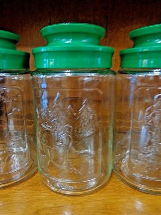3 VINTAGE Anchor Hocking Glass Jars Seasons Spring Summer Winter w/ Green Lids 3