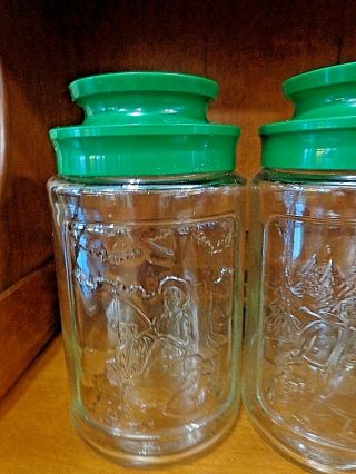 3 VINTAGE Anchor Hocking Glass Jars Seasons Spring Summer Winter w/ Green Lids 4