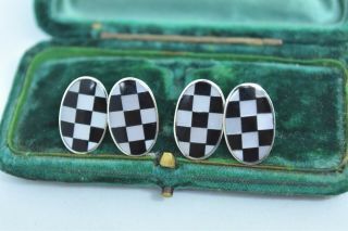 Vintage Art Deco Sterling Silver Cufflinks With Mother Of Pearl And Onyx G842