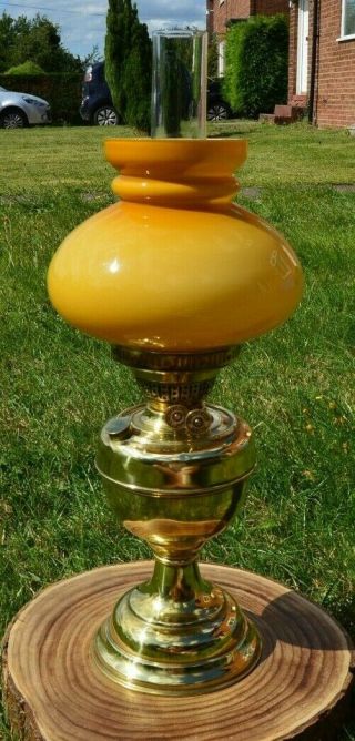 Vintage Duplex Brass Oil Lamp.  Orange Opaque Shade & Chimney.