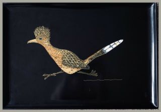 Vintage Large Couroc Of Monterey Inlaid Serving Tray Bird (road Runner) Mcm