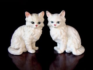 2 Vintage 5 1/2 " Lefton Japan H1514 White Blue Eyes Persian Angora Cat Figurines