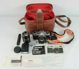 Asahi Pentax K1000 Camera W/ Case 135mm Lens & Other Accessories Vintage Film