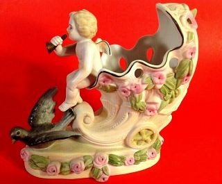 Paulux Cherub Carriage Figurine Planter Dove And Roses Vintage 7.  5 By 6.  5 Inch