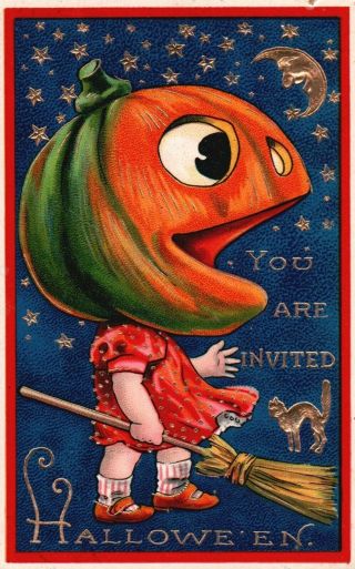 Vintage 1913 Antique Halloween Postcard J.  O.  L Broom,  Cat - " You Are Invited "