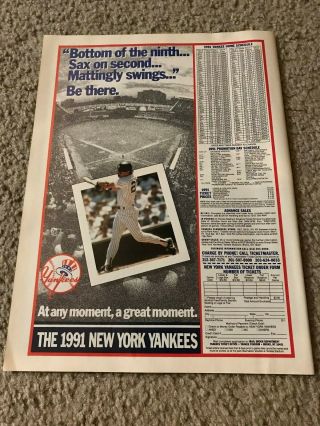 Vintage 1991 York Yankees Schedule Don Mattingly Poster Print Ad 1990s Rare