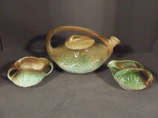 Vintage Mccoy Green And Brown Glazed Art Pottery Tea Pot Tea Set