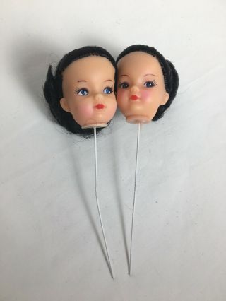 Vintage Set Of 2 Two Inch Doll Heads Black Hair Blue Eyes Fibre Crafts?