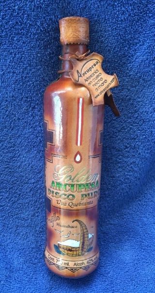 Vintage Leather Covered Pisco Bottle Made In Peru