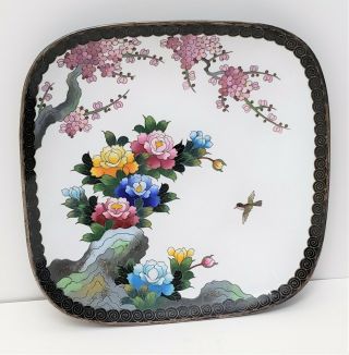 Antique Vintage Japanese Cloisonne Tray W Bird & Flowers Signed
