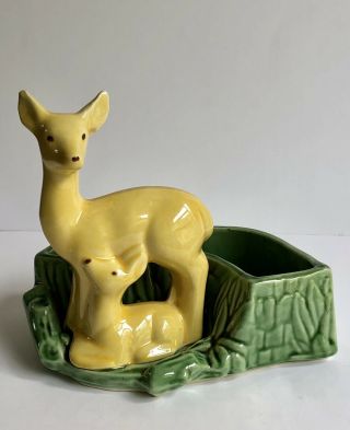 Vintage Shawnee Pottery Deer & Fawn Planter / Vase Yellow & Green 669