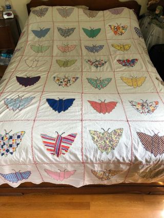 Vintage Handmade Butterfly 68” X 92” Cotton Quilt Top/throw