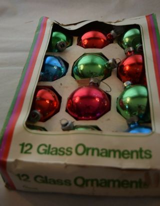 Vtg 12 Glass Christmas Tree Ornaments W/box,  Grants Xmas Shoppe,  All Colors,  2 ",  Usa
