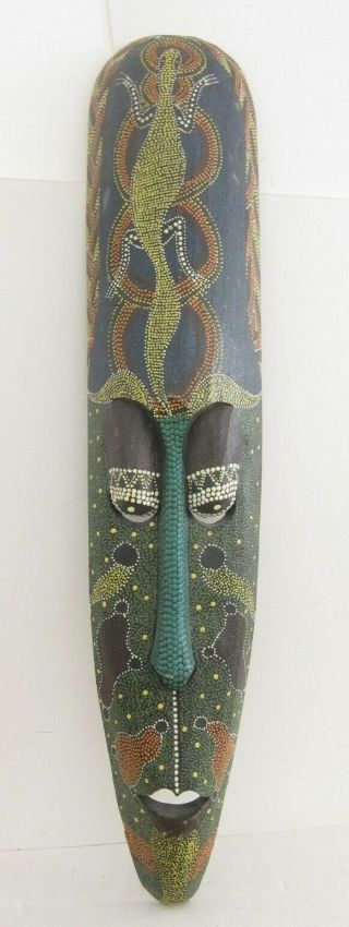 1 Indonesian Vtg Tribal Lizard Hand Carved Painted Wood Mask Wall Sculpture 38 "