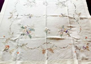 Vintage Linen Hand Embroidered Tablecloth Cherry Blossoms/daisies
