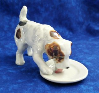 Vintage Porcelain Dog Licking Plate Figurine Made In Japan Adorable