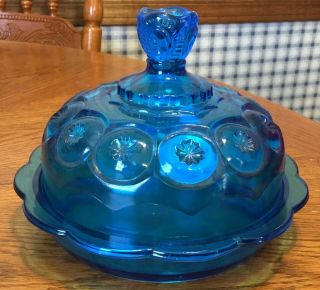 Vintage L.  E.  Smith Blue Glass Moon & Stars Round Domed Cheese Butter Dish