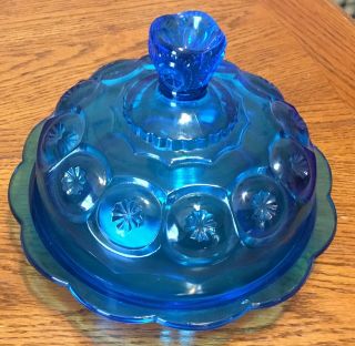 VINTAGE L.  E.  SMITH BLUE GLASS MOON & STARS ROUND DOMED CHEESE BUTTER DISH 2