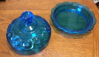 VINTAGE L.  E.  SMITH BLUE GLASS MOON & STARS ROUND DOMED CHEESE BUTTER DISH 3