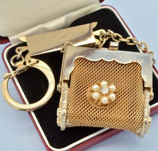 Vintage Coin Purse Key Ring 1950s Faux Pearl Crystal Goldtone Bridal Jewellery