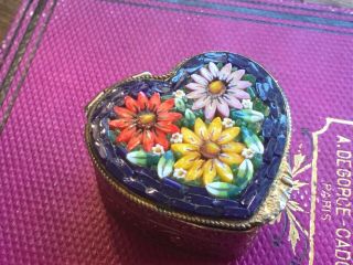 Vintage Italy Pill Box Heart Shape Gold Tone With Mosaic Flower Top