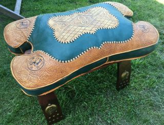 Vintage Egyptian Islamic Camel Saddle Leather Wood Foot Stool Ottoman Seat Chair