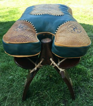 Vintage Egyptian Islamic Camel Saddle Leather Wood Foot Stool Ottoman Seat Chair 2