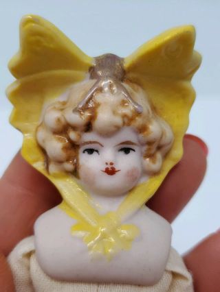 Antique Vintage Germany Bisque Doll Hertwig Yellow Bonnet Head Butterfly 6.  5 "