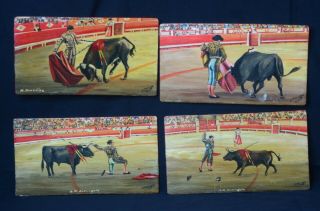 Four Vintage Bull Fighting/matador Paintings On Wood Signed