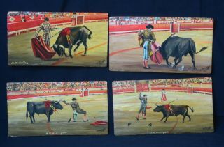 Four Vintage Bull Fighting/Matador Paintings on Wood Signed 2