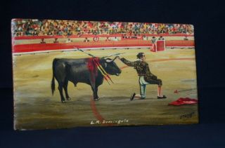 Four Vintage Bull Fighting/Matador Paintings on Wood Signed 3