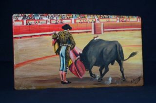 Four Vintage Bull Fighting/Matador Paintings on Wood Signed 5