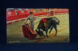 Four Vintage Bull Fighting/Matador Paintings on Wood Signed 7