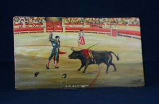 Four Vintage Bull Fighting/Matador Paintings on Wood Signed 8