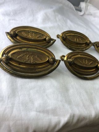 Group Of 6 Vintage Large Oval Brass Metal Ring Drawer Pulls Ridged Edges