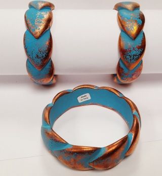 Vintage Italian Turquoise & Copper Lucite Acrylic Scalloped Bangle Bracelet V603