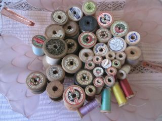 41 Vintage Wooden Cotton Reels All With Cotton Some