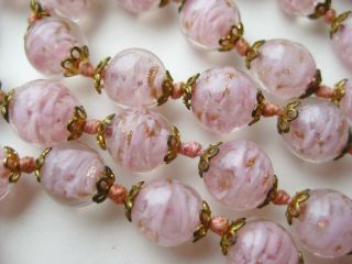 Vtg Venetian Italian Pink Gold Fleck Aventurine Murano Art Glass Bead Necklace