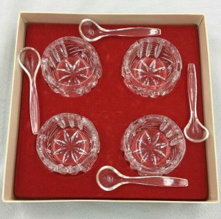 Vintage Open Salt Cellars Dips Clear Round Glass Set Of 4 With Spoons