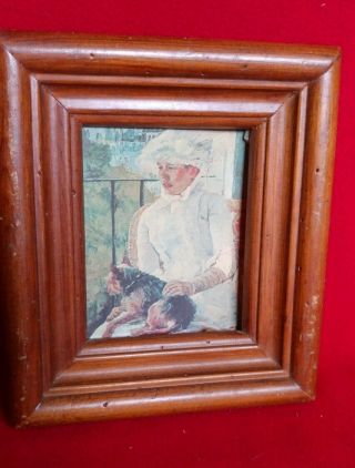 Early Vintage Antique Victorian Woman Dog Picture Print Wooden Frame Wire Hanger
