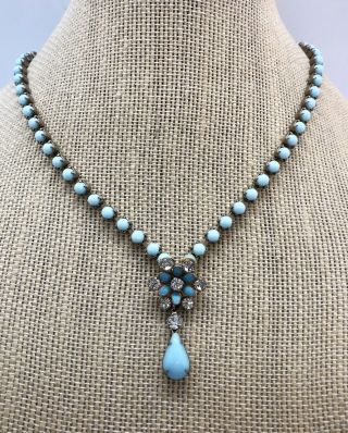 Milk Glass Blue Necklace Flower Rhinestone Vintage 1960’s Estate