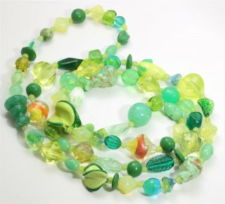 Vintage Long Handmade Lime Green Czech & Venetian Art Glass Bead Necklace 35 "