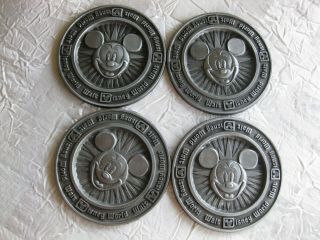 Set Of 4 Vintage Walt Disney World Mickey Mouse Pewter Coasters Made In Usa