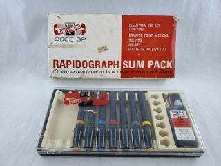 Vtg Rapidograph Slim Pack Koh - I - Noor 3065 Technical Pens Usa,  7 Pens Of 9