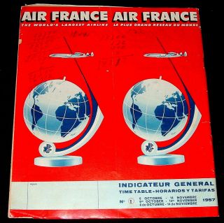 Vintage 1957 Air France Airline Timetable,  Maps & Ads English French Spanish