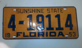 Vintage Florida 1953 License Plate,  Issued In Pinella County
