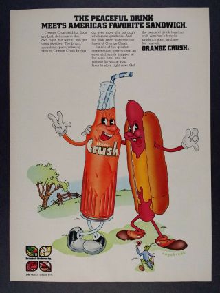 1971 Orange Crush Soda Bottle & Hot Dog Cartoon Art Vintage Print Ad